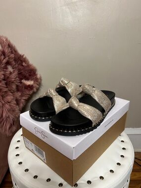 Jessica Simpson Gold Glitter Double-Band Slide Sandals
